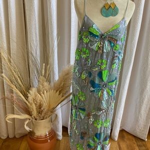 ASOS sz 2/4 sequins flower power dress no zipper just throw on fully lined NWT